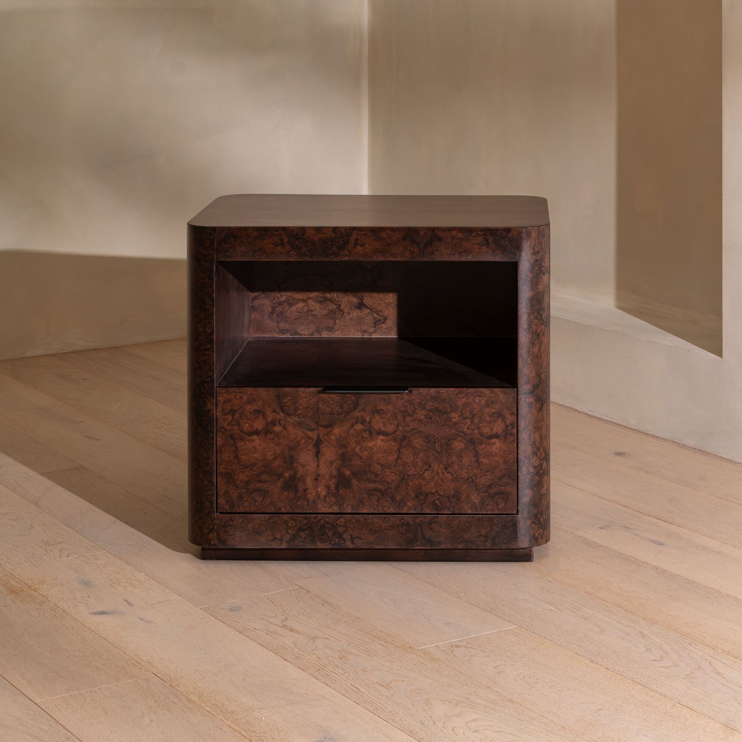 Abingdon Bedside Table | 650 Wide, Dark Burl, 1 Drawer