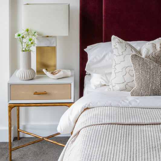 Airlie Bedside Table | 500 Wide White, Shagreen & Brass Forged Metal, 1 Drawer
