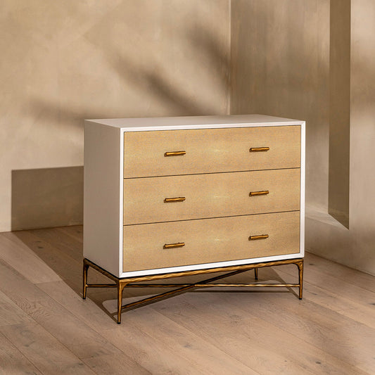 Airlie Chest Of Drawers | 1000 Wide White, Shagreen & Brass Forged Metal, 3 Drawer