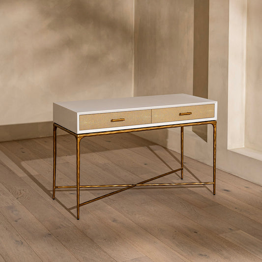 Airlie Dressing Table | 1200 Wide White, Shagreen & Brass Forged Metal, 2 Drawer