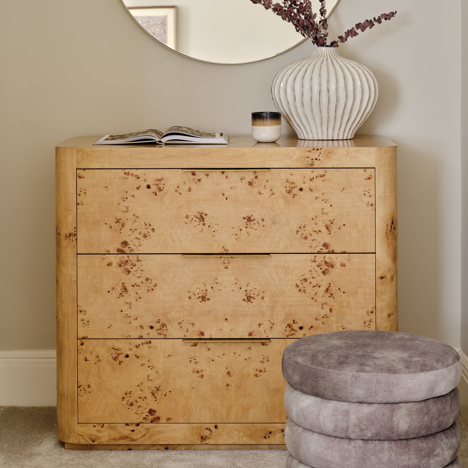 Thornhill Drawer Set | 100cm Wide Burl & Brass, 3 Drawer Dresser Burbeck At Home Thornhill Drawer Set | 100cm Wide Burl & Brass, 3 Drawer Dresser Burbeck At Home
