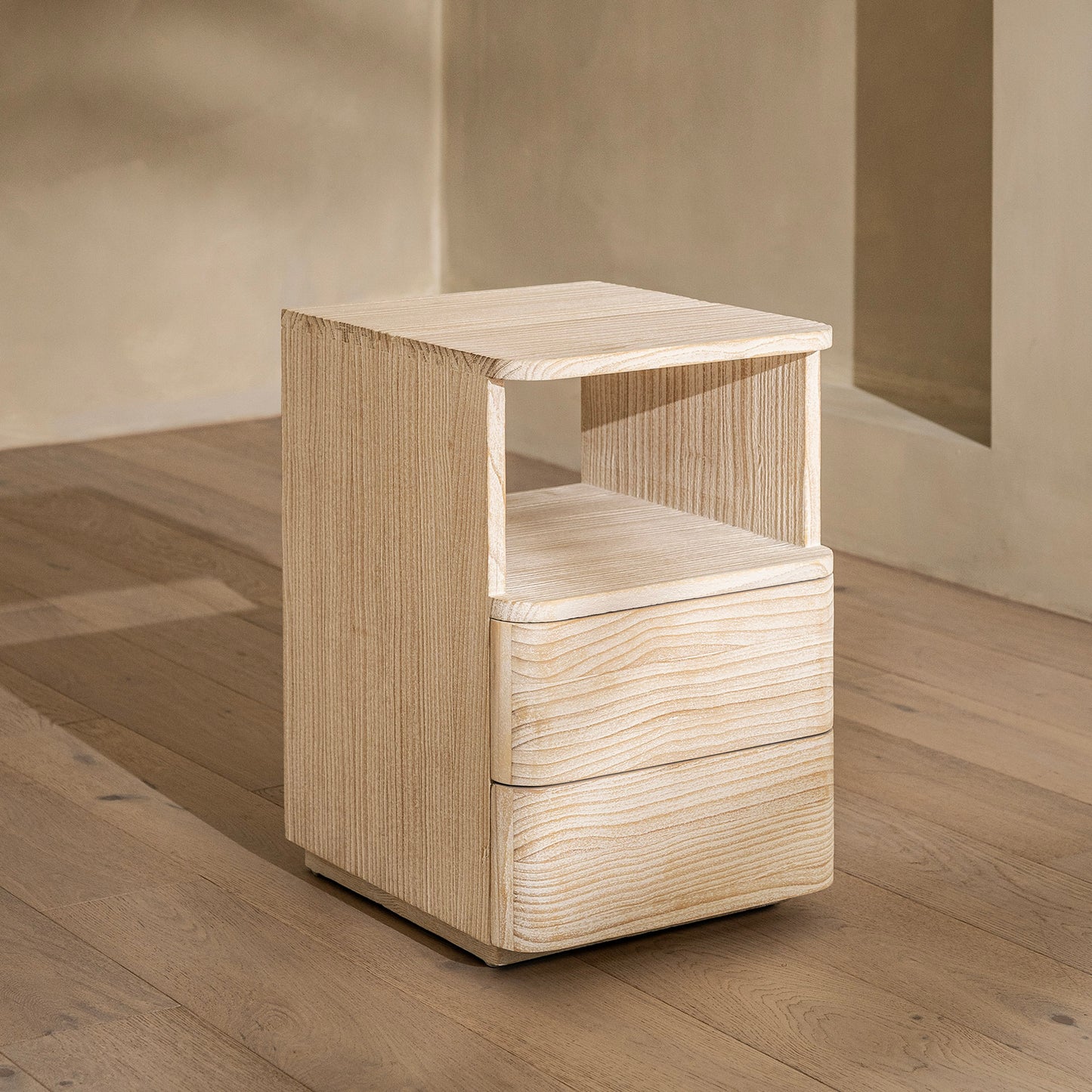 California Bedside Table | 400 Wide Recycled White Pine, 2 Drawer