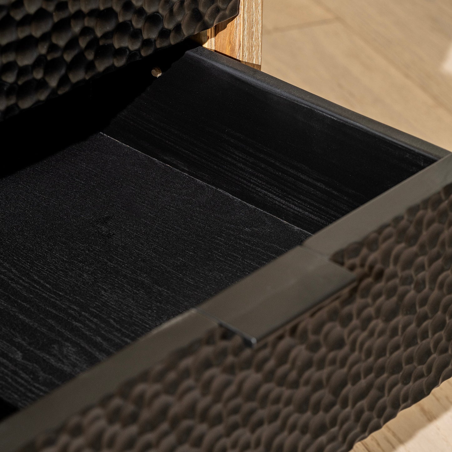 Denton Bedside Table | 550 Wide Stained Oak & Black, 3 Drawer