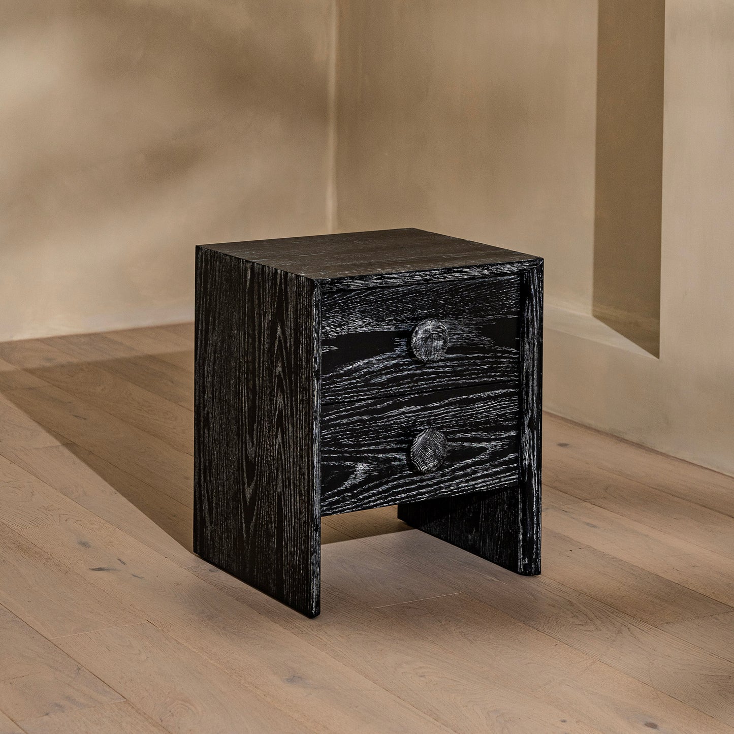 Button Bedside Table | 500 Wide Black Grain, 2 Drawer