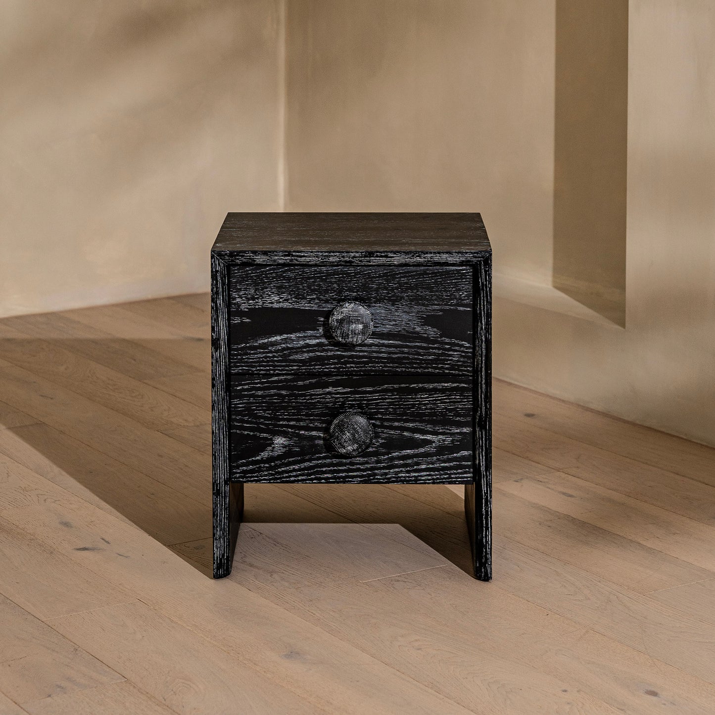 Button Bedside Table | 500 Wide Black Grain, 2 Drawer