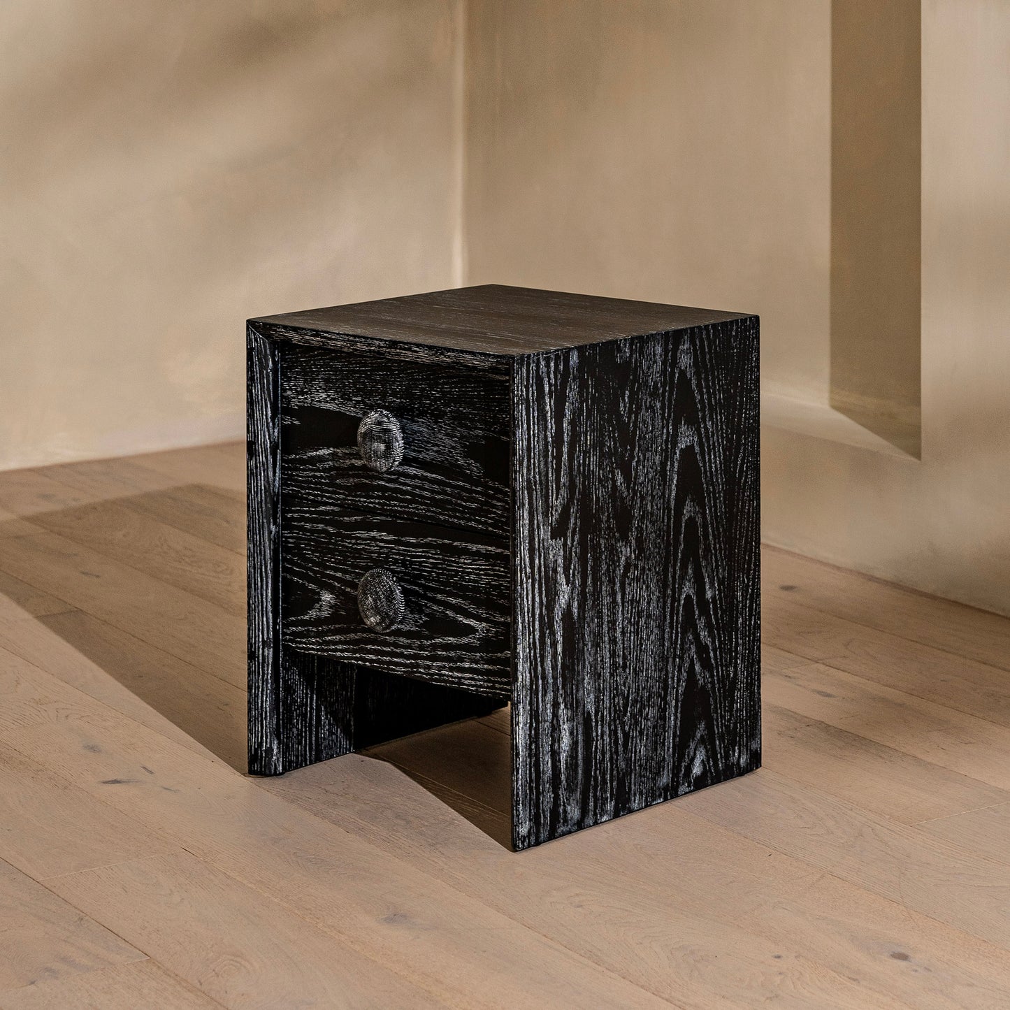 Button Bedside Table | 500 Wide Black Grain, 2 Drawer