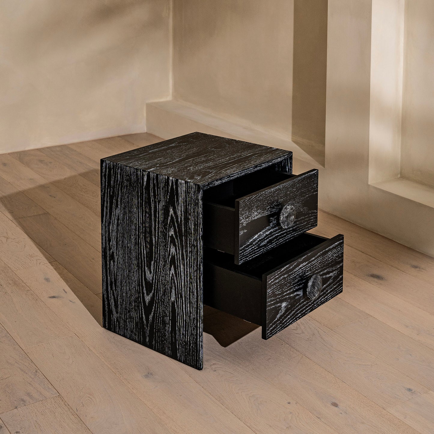 Button Bedside Table | 500 Wide Black Grain, 2 Drawer