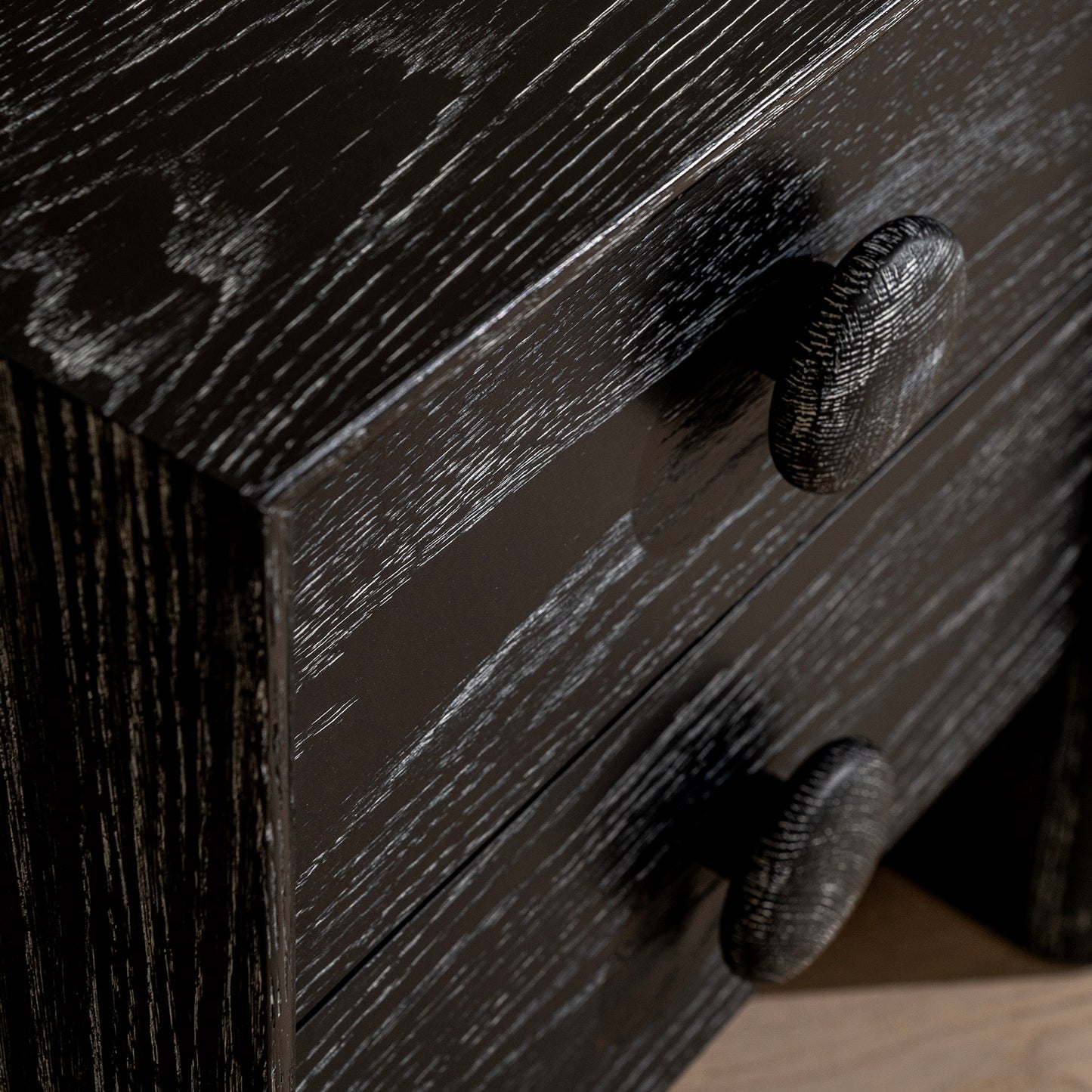 Button Bedside Table | 500 Wide Black Grain, 2 Drawer