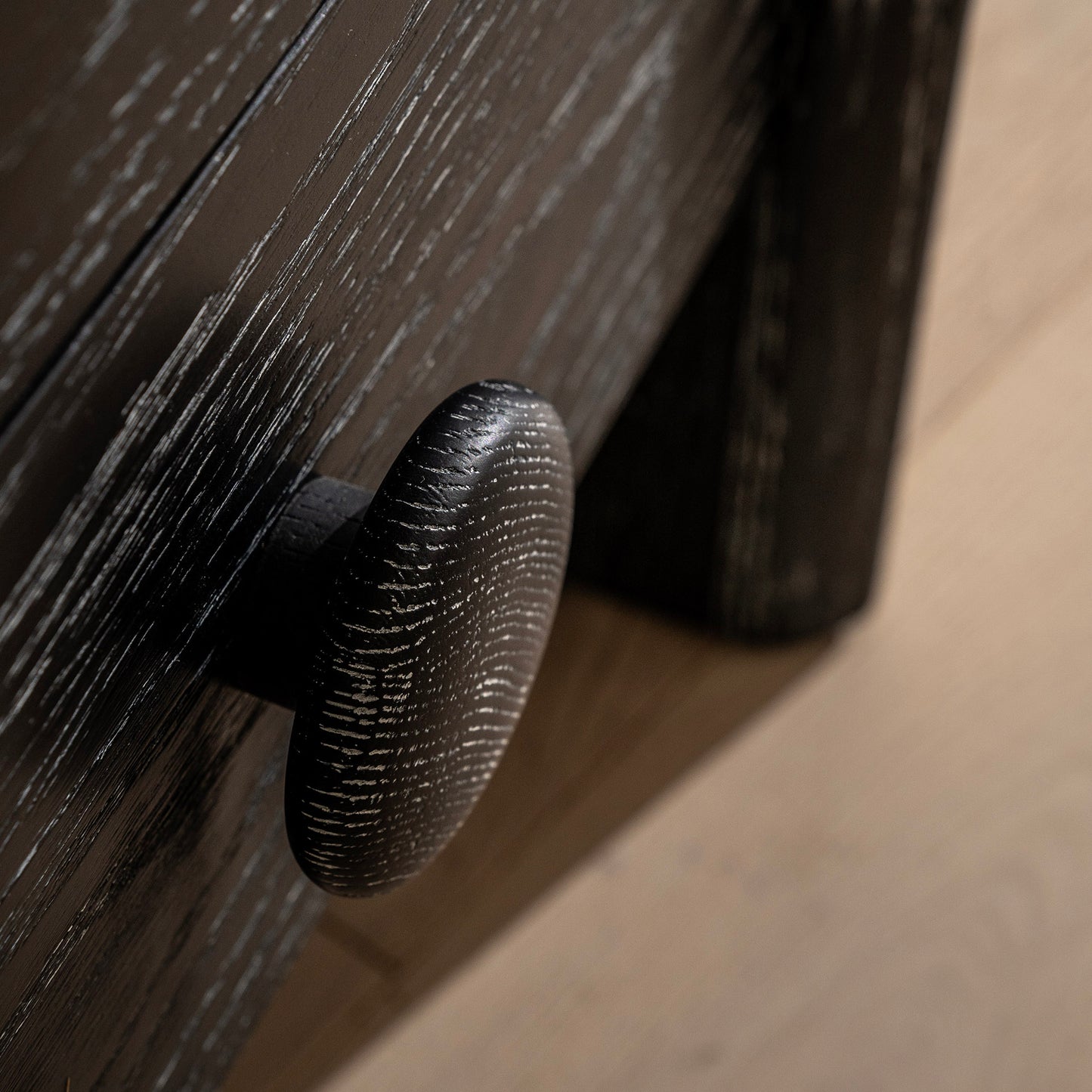 Button Bedside Table | 500 Wide Black Grain, 2 Drawer