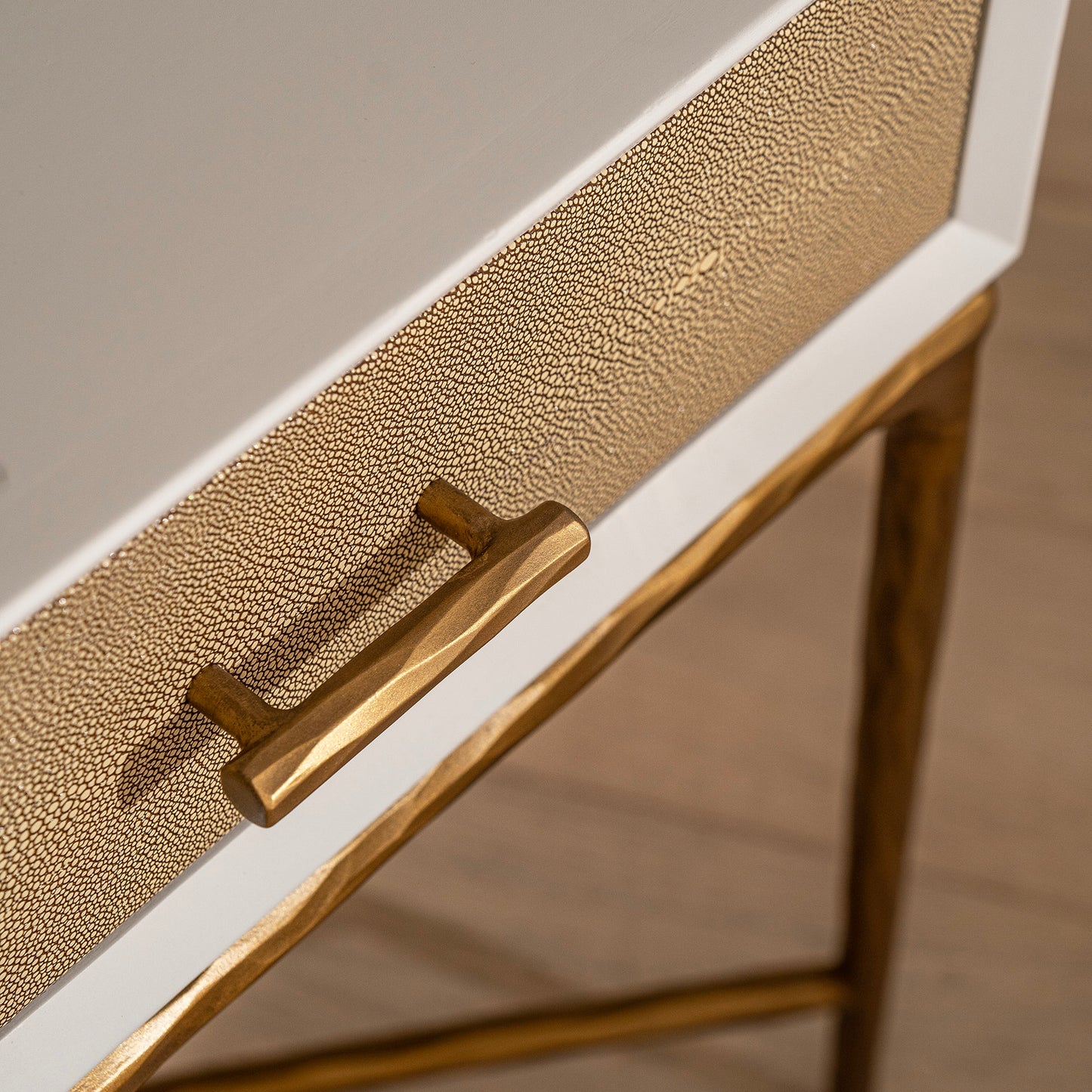 Airlie Bedside Table | 500 Wide White, Shagreen & Brass Forged Metal, 1 Drawer