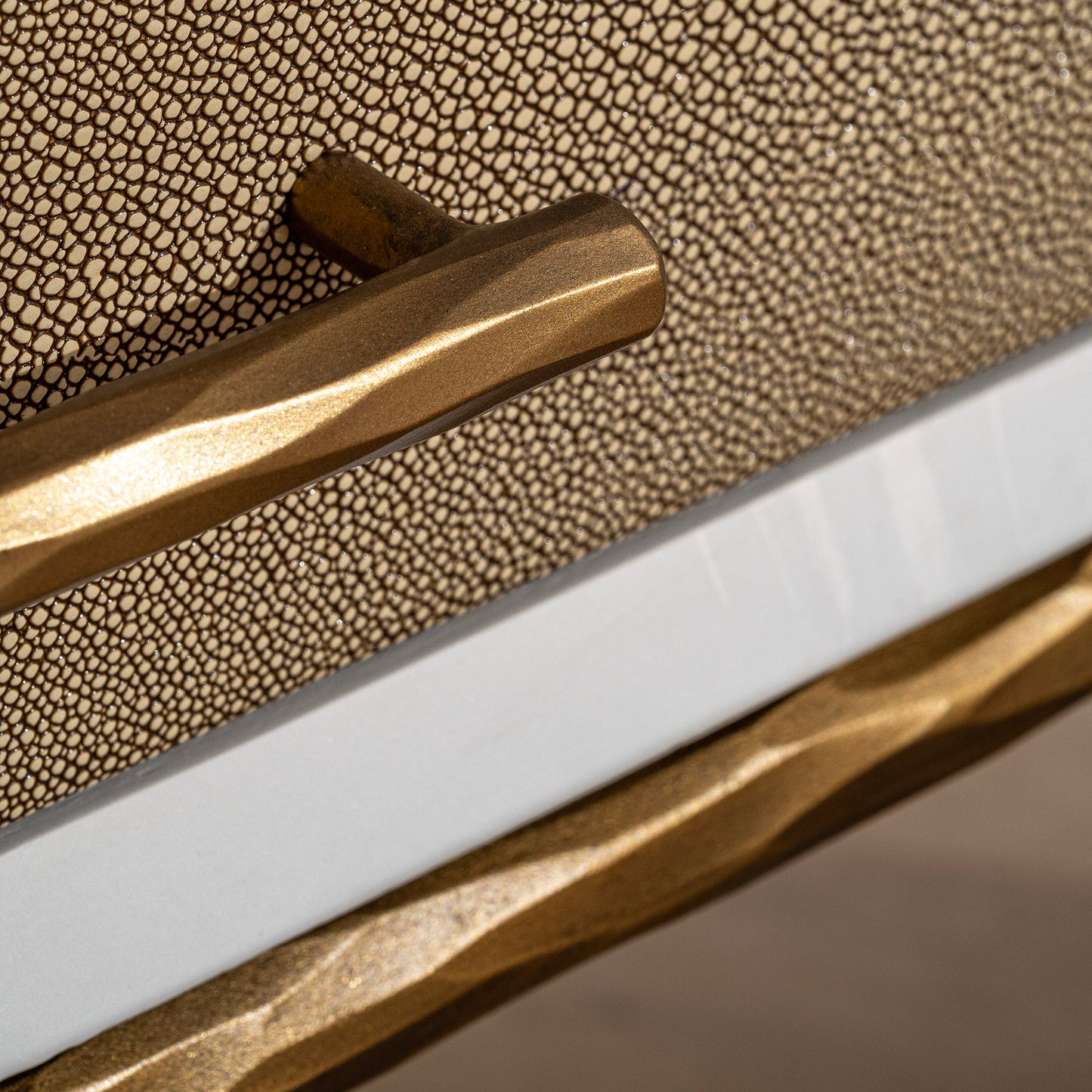 Airlie Bedside Table | 500 Wide White, Shagreen & Brass Forged Metal, 1 Drawer