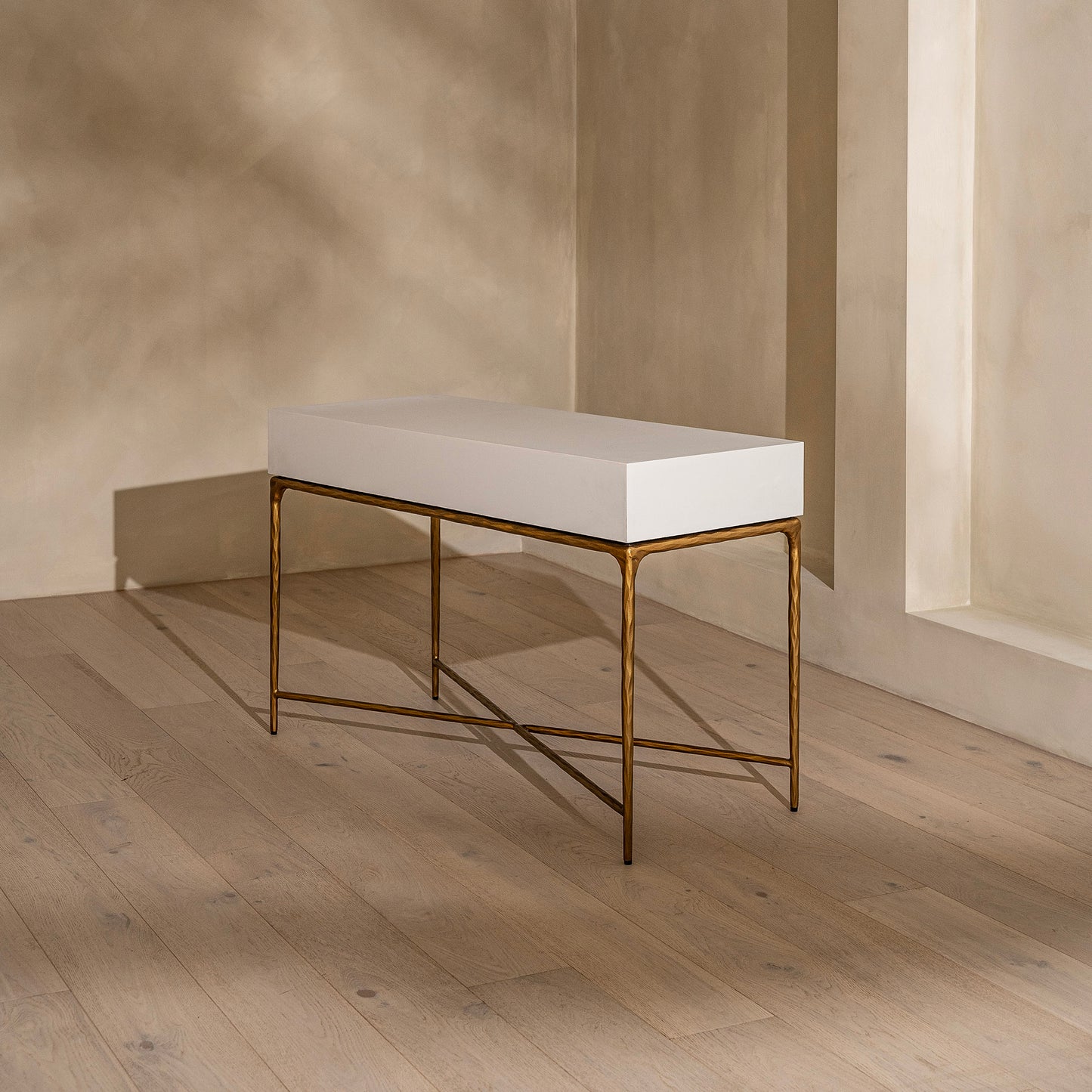 Airlie Dressing Table | 1200 Wide White, Shagreen & Brass Forged Metal, 2 Drawer