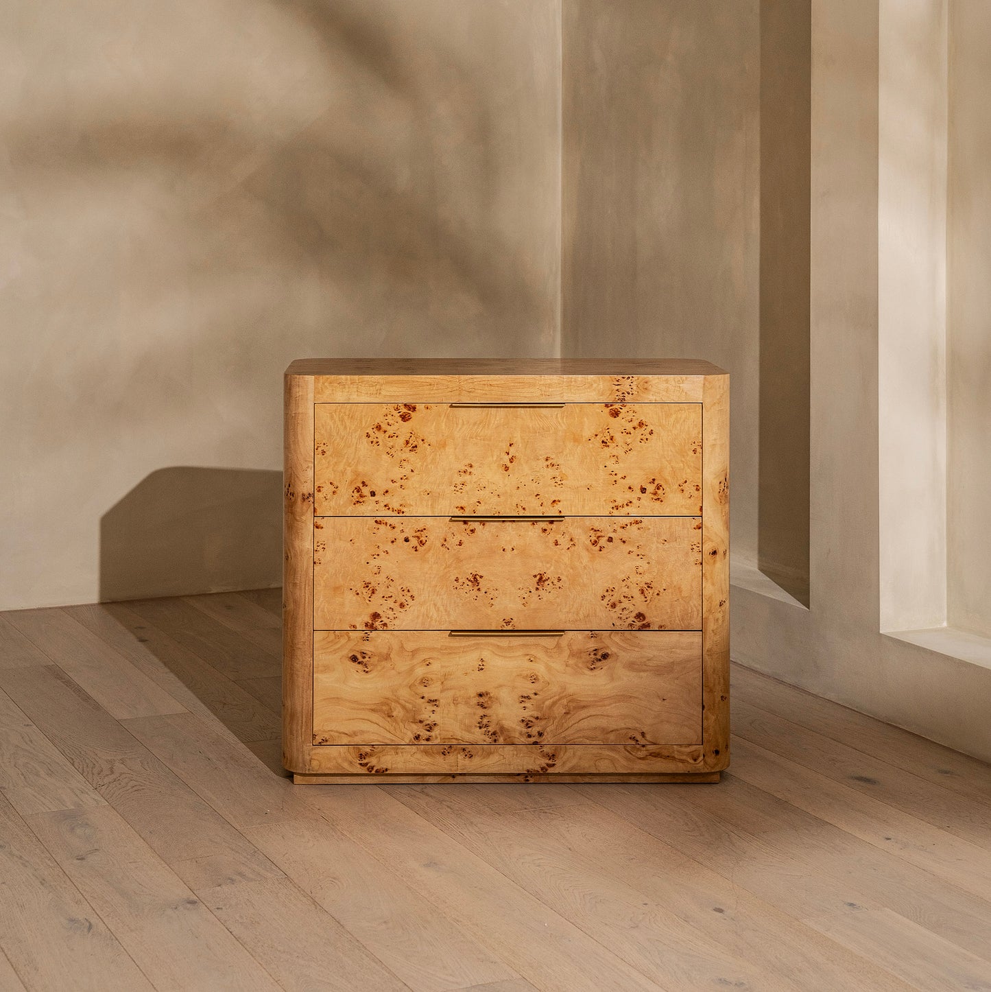 Thornhill Chest Of Drawers  | 1000 Wide Burl & Brass, 3 Drawer