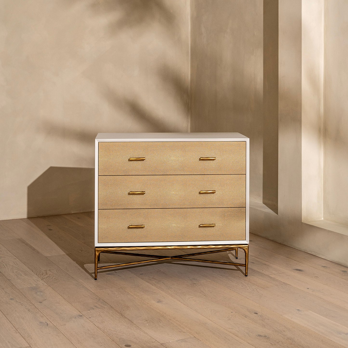 Airlie Chest Of Drawers | 1000 Wide White, Shagreen & Brass Forged Metal, 3 Drawer