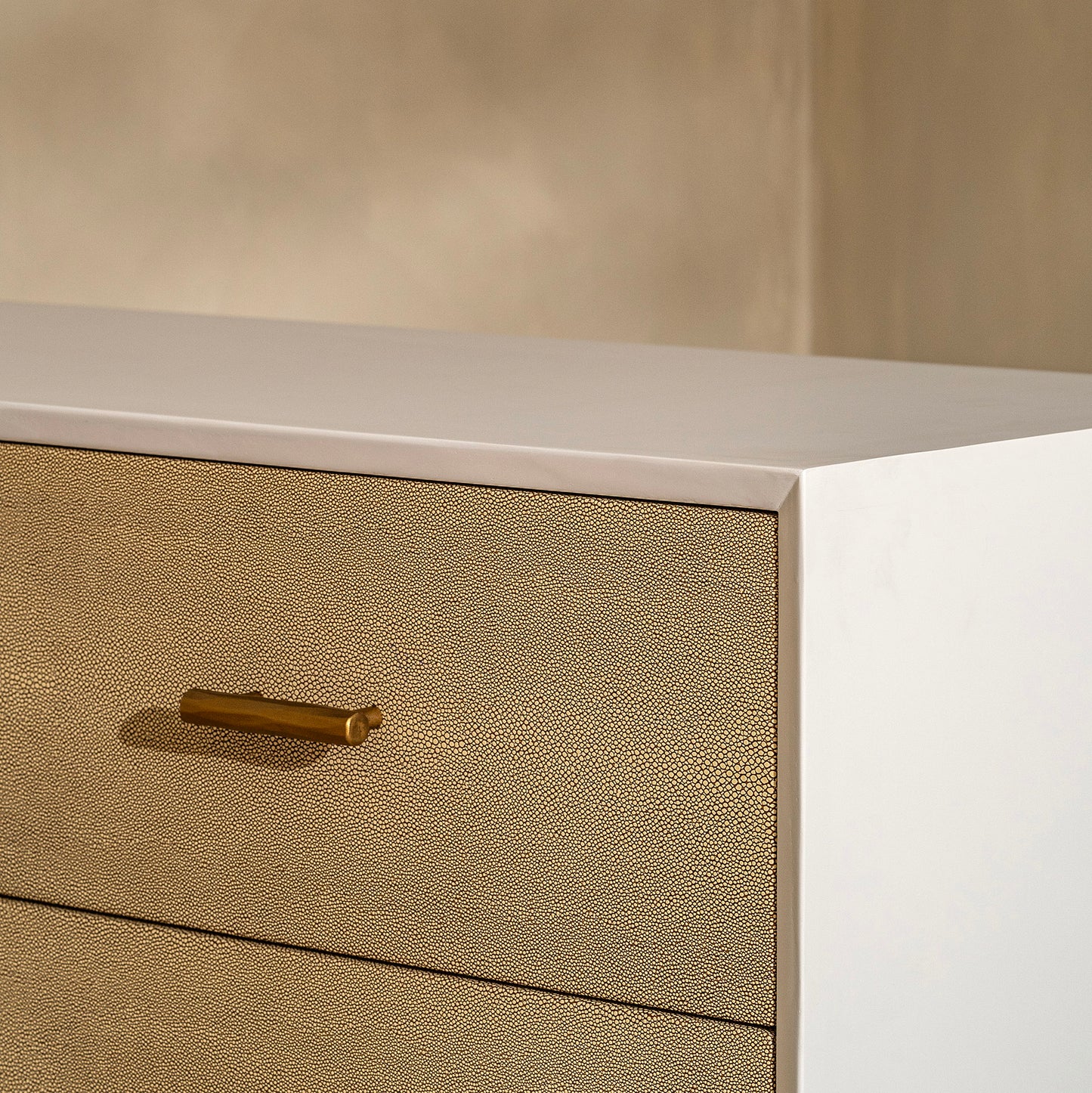 Airlie Chest Of Drawers | 1000 Wide White, Shagreen & Brass Forged Metal, 3 Drawer