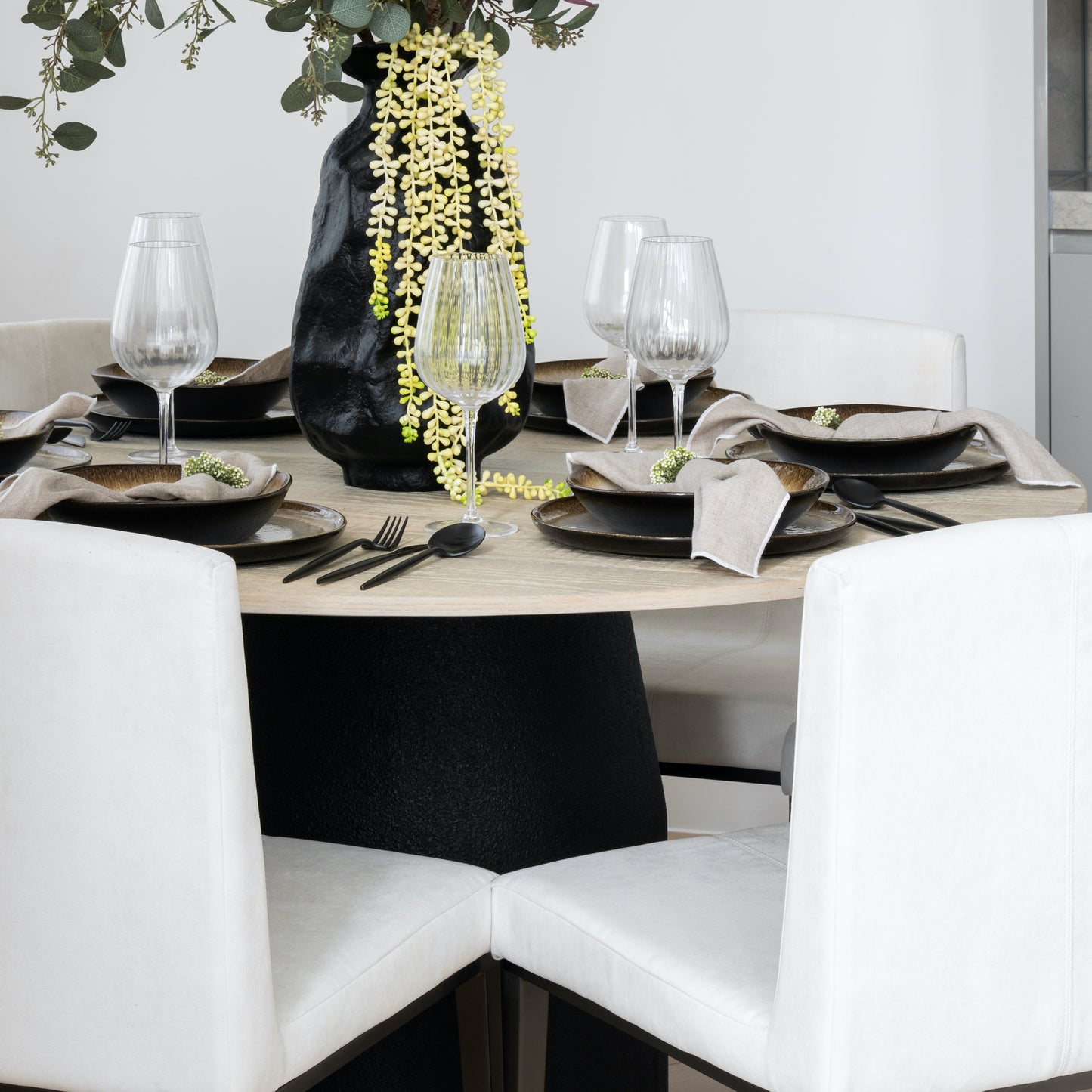 Calabasas Dining Table | 127 Diameter, Whitewash & Black