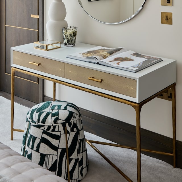 Airlie Dressing Table | 1200 Wide White, Shagreen & Brass Forged Metal, 2 Drawer