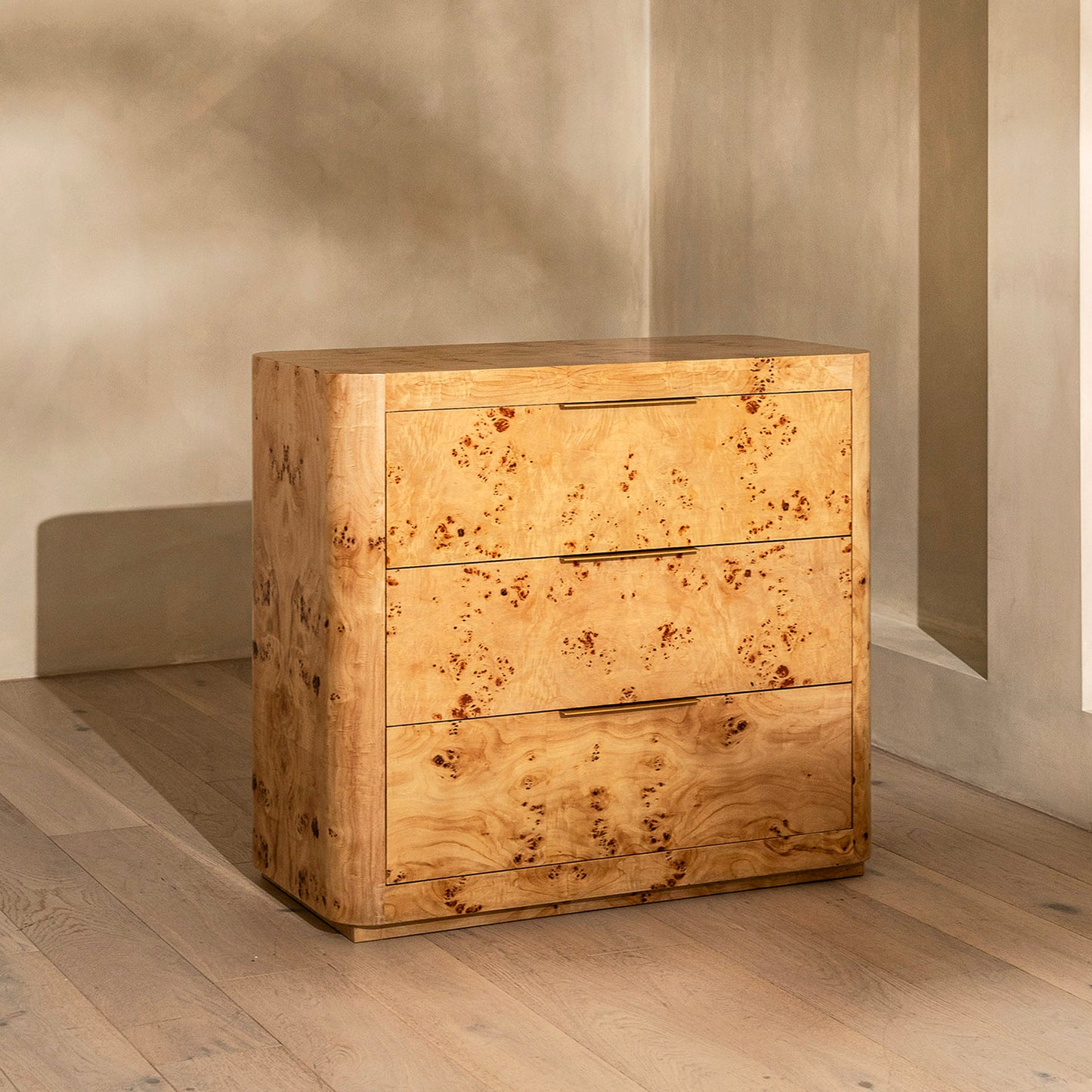 Thornhill Chest Of Drawers  | 1000 Wide Burl & Brass, 3 Drawer