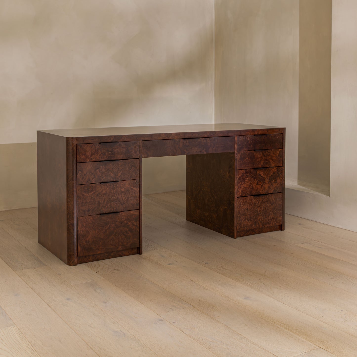 Abingdon Desk | 165cm Wide, Dark Burl, 9 Drawer