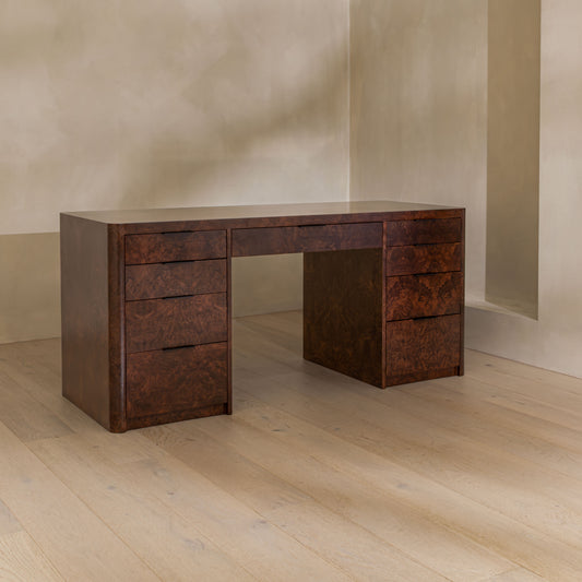Abingdon Desk | 165cm Wide, Dark Burl, 9 Drawer