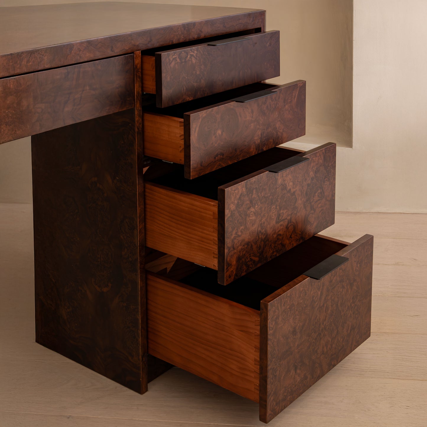 Abingdon Desk | 165cm Wide, Dark Burl, 9 Drawer