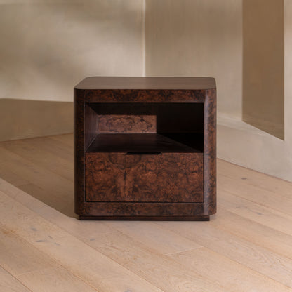 Abingdon Bedside Table | 650 Wide, Dark Burl, 1 Drawer