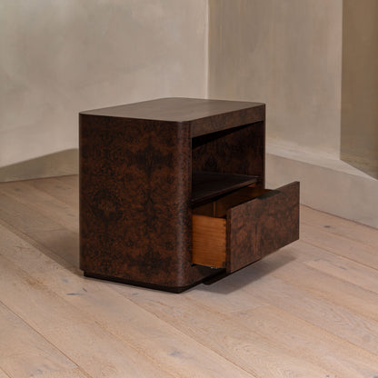 Abingdon Bedside Table | 650 Wide, Dark Burl, 1 Drawer