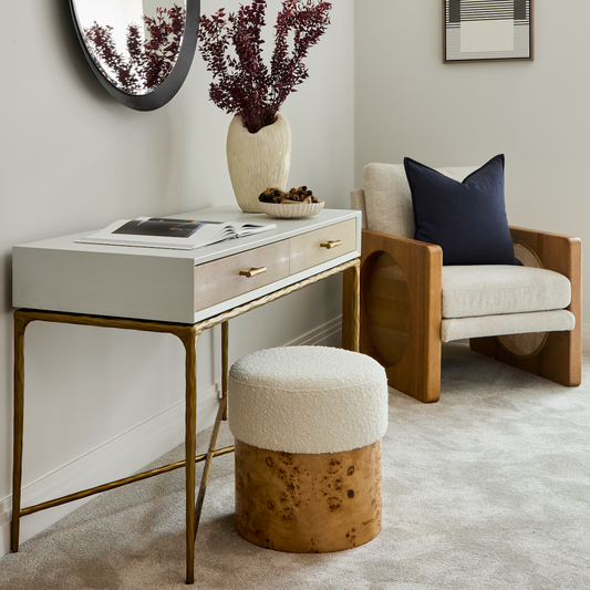 Airlie Dressing Table | 1200 Wide White, Shagreen & Brass Forged Metal, 2 Drawer