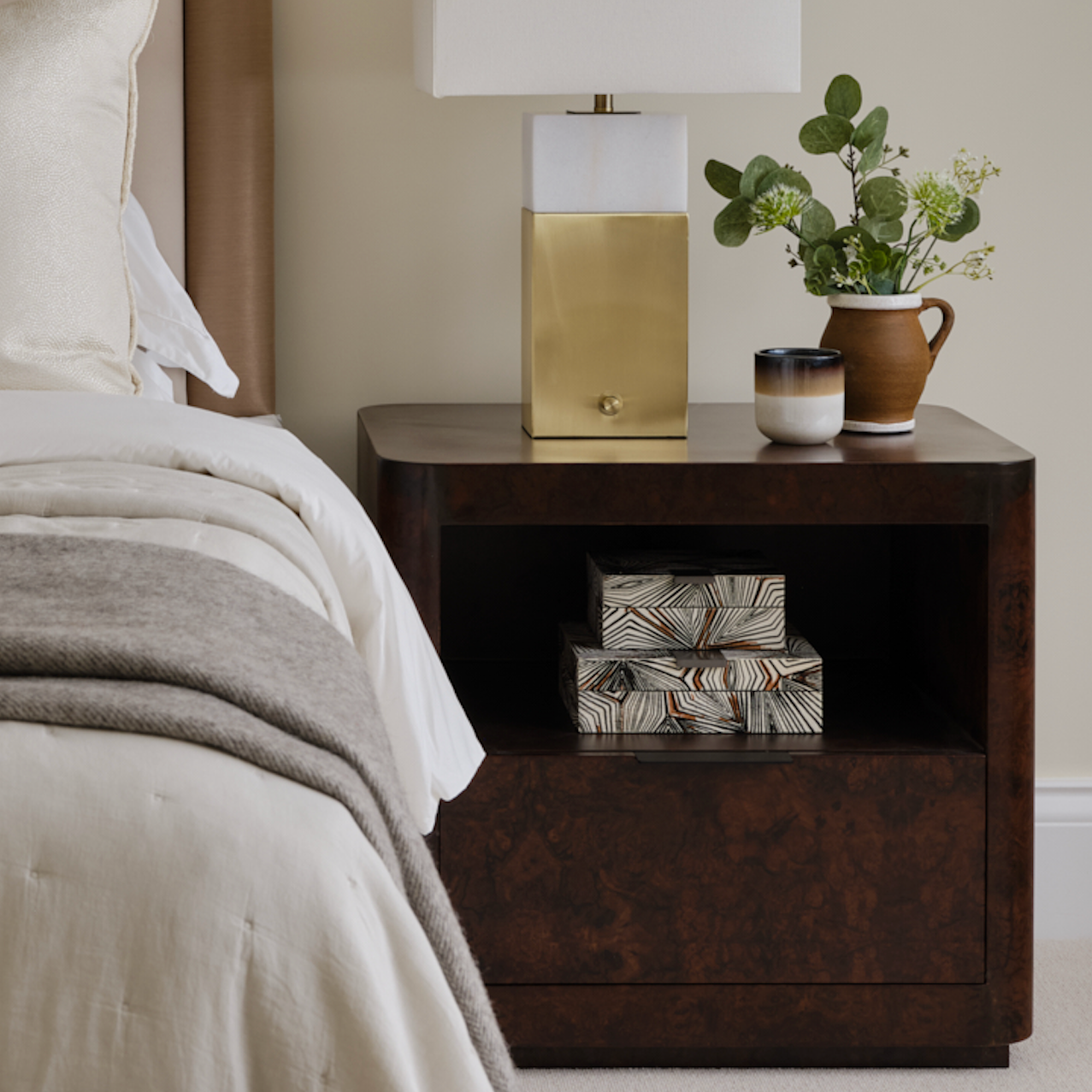 Abingdon Bedside Table | 650 Wide, Dark Burl, 1 Drawer